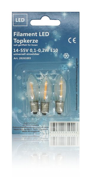 LED Filament Top-Riffelkerze 0,2W 12-55V Warmweiß E10 klar 3er Blister