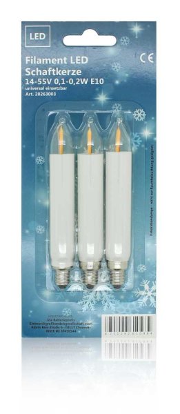 LED Filament Schaftkerze Weiß 0,2W 12-55V Warmweiß E10 klar 3er Blister